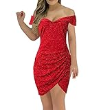 WanWorlder Winterkleid Damen Langarm Festlich Kleid Elegant Abendkleid Partykleid Langärmelig Minikleider Club Outfits Glitzerkleid Eng Pailletten Wickelkleid Cocktailkleider (Rot, XXL)