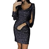 LOPILY Abendkleid Damen Glitzer Etuikleid mit Quaste Figurformend Partykleid Langärmelig Minikleider Club Outfits Glitzerkleid Damen Eng Pailletten Wickelkleid Elegante Cocktailkleider (Schwarz, L)