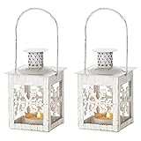 NUPTIO 2 Stück Deko Kerzen Laternen Indoor Teelicht Kerzenhalter Vintage Weiß Hängende Gartenlaternen Weihnachtskerzenhalter für Esstisch Wohnzimmer Herzstück zu H