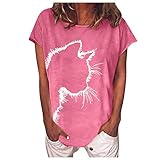 T Shirt Kurzarm Damen Sommer Oberteile Umrisse der Katze Print Kurzarm Tops Tee Casual Rundhals Shirt Hemd Bluse Teenager Mädchen Lässig Frauen Urlaub Süß Print T-Shirt Tops Sw