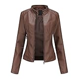 Wasserdichte Jacke Klassische Kunstleder Jacke für Frauen Reißverschluss Motorradjacke Kurz PU Moto Biker Fitted Slim Coat, Kaffee_A12, 50