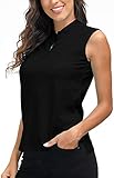 AjezMax Damen Tennis Golf Polo Shirt Ärmellos Atmungsaktiv Fitness Sport Tank Top mit 1/4 Reißverschluss Schwarz S