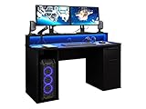 Schreibtisch Antyd mit Schublade, Beleuchtung LED RGB mit Fernbedienung, Computertisch Kinderschreibtisch Arbeitstisch PC-Tisch Jugendzimmer Kinderzimmer, Schülerschreibtisch (schwarz matt)