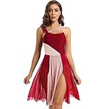 inlzdz Damen Ballettkleid Lange Tanzkleid mit Mesh Rock Ärmellos Ballett Trikot Body Turnanzug Leotard Kleid für lyrischen Modern Tanz Dancewear Burgundy M