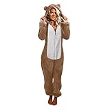 Zilosconcy Plüsch Pyjama Onesie Schlafanzug mit Reißverschluss für Frauen Erwachsene One Piece Pyjama Strampler Weihnachtskostüm Tier Unisex Cosplay Cartoon Pyj