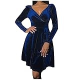 Damen Samtkleid Frauen Kleider Langarmkleid Solide Knielang Kleid Hemdkleid Abendkleider Partykleid Damen Bequem Lässig Mode Kleider Frauen Mini Kleider Sexy Ballkleider V-Ausschnitt Glitzer Samtk