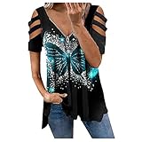 Kalte Schulter Tshirt Damen Aushöhlen Kurzarm Reißverschluss V-Ausschnitt Oberteile Sommer Lässig Bluse Mode Graphic Tee Tops Unregelmäßiger Saum Hemd Fraun Teenager Mädchen Tunika Oberteile D