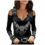 Pullover Damen Modische Bluse Tunika mit Farbverlauf Sweatshirt mit Schmetterlings Print Sexy Kaltschulter Basic Shirt Klassisches Spitzen Spleißen V Ausschnitt Oberteile Bequemes Lang