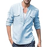 T-Shirt Herren Baggy Baumwolle Leinen Tasche Solide Langarm Retro Atmungsaktive Tops Bluse Ausschnitt Basic Business Hemd Blau S