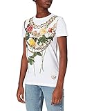 Love Moschino Womens Slim fit Short Sleeve 30/1 Cotton Jersey. Customized with digital Panel Print of Gold Chains and Flowers. T-Shirt, Optical White, 40