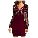 SmallYin Abendkleid, Frauenkleid Kleid V-Ausschnitt Paillettenkleid, Damen Langarm Mesh Stitching Perspective Kleidertasche Sexy Hip Dress Brautkleid Brautjungfern Kleid Ballk