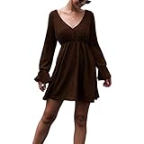 Generic Damenkleid Europäisches und amerikanisches gestricktes, langärmeliges, schmales Modekleid mit V-Ausschnitt und Rüschen M