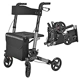 Juskys Rollator Vital schwarz — Gehhilfe faltbar & leicht aus Aluminium bis 130kg — Laufhilfe höhenverstellbar mit Sitz, Tasche & Regenschirmhalterung