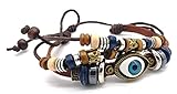 Viking Handgefertigtes 3er Multi Layer Ethno Leder Armband mit Evil Eye Odins Auge und Accessoires im Schmuckb