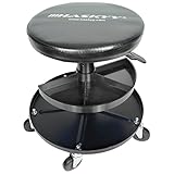 Haskyy Werkstatthocker Rollhocker | Höhe 430-580mm I Sitz Geleinlage | Werkstatt-Arbeits-Hocker-Stuhl-Sitz I 135kg | ø40 cm | 2 Ablagen I Schw