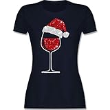 Weihnachten & Silvester Geschenke Party Deko - Weinglas mit Weihnachtsmütze - M - Navy Blau - Wein Tshirt - L191 - Tailliertes Tshirt für Damen und Frauen T-S