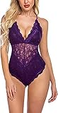 wearella Damen Body mit Druckknopf, tiefer V-Ausschnitt, Spitze, Einteiler, Babydoll Gr. L, A-purp