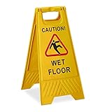 Relaxdays Achtung Rutschgefahr Aufsteller, Englisch, Warnschild Caution Wet Floor, 2-seitig beschriftet, klappbar, gelb