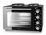 Emerio Multi Backofen mit 2 Kochplatten, 3200 Watt, Pizzaofen, Camping Küche, gleichzeitig kochen und backen, Ober-/Unterhitze, Thermostat, 90°-230°C, Innenbeleuchtung, BPA frei, MO-125236, schw