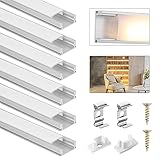 LED Profil 6 × 1M, DazSpirit 6er-Pack LED Aluminium Profil U-Form mit Weiß Milchige Abdeckung, Endkappen, und Montageklammer für LED-Streifen, Leisten (Geeignet für Lichtleisten unter 12,2 mm)