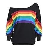 iHENGH Damen Sommer Top Bluse Bequem Lässig Mode T-Shirt Blusen Frauen beiläufige lose Lange Hülsen Regenbogen Druck Pullover Bluse Hemden Sweatshirt(Schwarz, M)