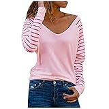 MRULIC Damen Pullover Langarm V-Ausschnitt Einfarbig Lose Casual Bluse Tops Pullover Langarmshirt Tops FrüHling Herbst Winter Oberteil Blusen Tuniken(Rosa,3XL)