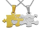 Hanessa Gravierte Puzzle Kette mit Wunsch Gravur auf der Rückseite. Partner-ketten aus Edelstahl in Silber und Gold Puzzle-Teil Anhänger Geschenk Weihnachten Schmuck für Paare Mann und Frau F