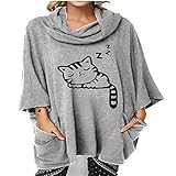 XPDD Damen T-Shirt Lose Damen Langarm Einfarbig Printed Top Basic Lose Damen Casual Herbst Top T-Shirt Damen Langarmshirt Blusen Oversize Sweatshirts Freizeit Langarm T Shirts Tunika L