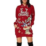 Weihnachtskleid Damen Hoodie Weihnachtsmotiv Minikleid Hoodies Sweatshirt Pullover Kleid Xmas Langarm Casual Kapuzenpullover Partykleid Frauen Christmas Longshirt Tunik