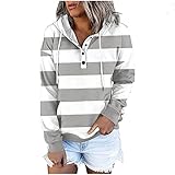 Damen Gestreift Sweatjacke mit Kapuze Button Down Hoodies Kordelzug mit Kapuzen Tasche Lässige Langarm Sweatshirt Kapuzenpullover Freizeitjacke Übergangsjacke Kapuzenp