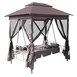 Tidyard Pavillon Schaukelstuhl Hollywoodschaukel, Gartenschaukel mit Bettfunktion, Stahlrahmen, Max. Tragfähigkeit 240 kg, 220 x 160 x 240 cm, Kaffeeb