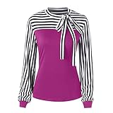 Damen Basic Tops Freizeithemden Langarm Damen Gestreiftes Langarmhemd Damen Casual Damen V-Ausschnitt Langarm Bluse Tops Damen Elegante Pussy Schleife Manschetten Langarm Arbeitskrawatte H
