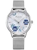 Alienwork Armbanduhr Damen Silber Metall Mesh Armband Edelstahl Weiss Perlmutt-Zifferblatt Eleg