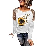 KGLHTYU Damen Bluse Elegant Basic Langarmshirt Damen Oberteile Damen Mode Printed Pullover Tunika mit O Ausschnitt und Langen Ärmeln Lockere Bequeme Bluse Herbst Pailletten Lang