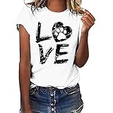 Dog Paw Printed T-Shirt Damen Tops Sommer Kurzarm Basic Pullover Casual Love Letter Motiv Tunika O-Neck Loose Bluse(L,Z1 Weiß)