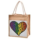 Natürliche Jute-Tragetasche, Regenbogenfarben, Leopardenmuster, Herzen, Handtaschen mit Baumwollgriffen, wiederverwendbar, Reißverschluss, groß, Einkaufsgeschenk, Lunchtasche, braun, Larg