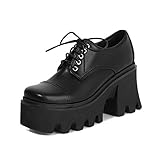 Damen Plateau Blockabsatz Schnürschuhe Halbschuhe Geschlossener Zehen High Heel Pumps Gothic Lolita Schuhe,Schwarz,42 EU