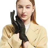 NOVBJECT Lederhandschuhe für Damen - Winter Voller Touchscreen Echtes Leder Warm Kaschmir Strickfutter, schwarz, M