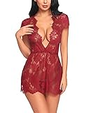 ADOME Reizwäsche Dessous-Sets Lingerie Damen Sexy V-Ausschnitt Nachthemd Spitze Negligee Unterwäsche Set Erotik Sleepwear Kleid,Awein Rot,M