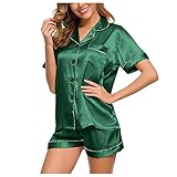 Pyjama Set Damen Schlafanzug Set Satin Seide Nachthemd Kurze Pyjama Nachtwäsche Zweiteiliger Button Down Set Schlafkleidung Kurzarm Loungewear (D-Grün, XXXXXL)