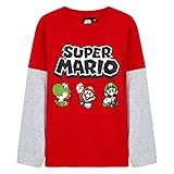 SUPER MARIO Tshirt Kinder, Baumwolle Langarm Shirt Jungen mit Mario und Luigi, Rot und Blau Teenager und Kinder T-Shirt, Geschenke für Kinder (Rot/Grau, 11-12 Jahre)