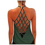 MRULIC Damen Tank Top Sommer äRmellos Einfarbig Off Shoulder RüCkenfreies TräGershirt Mit Kreuzriemen Lose Oberteile T-Shirt Top Bluse Frauen Pullover(A2 Grün,3XL)