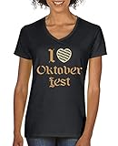 Comedy Shirts - I Love Oktoberfest - Damen V-Neck T-Shirt - Schwarz/Hellbraun-Beige Gr. XL