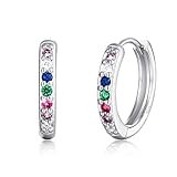 Creolen Silber Damen Ohrringe, 925 Sterling Silber Creolen Ohrringe mit 5A Mehrfache Farben Zirkonia für Mädchen Herren Jungen Kinder, Durchmesser Regenbogen Ohrringe Klein Schlafen Kreolen, Silb