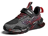 SMajong Kinder Laufschuhe Unisex-Kinder Sportschuhe Leichtgewicht Kinder Mesh Atmungsaktive Basketballschuhe für Jungen und Mädchen Turnschuhe (Schwarz&Rot 32EU)