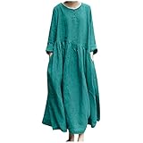 Vectry Damen Kleider Herbstkleid für Frauen Langarm Geknöpfter O-Ausschnitt Casual Midi Lange Kleider Einfarbig Loose Fit Langes Tunikak