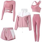 TinaDeer Damen Yoga Sportbekleidung Traingsanzug Kleidung Anzug 5er-Set Sportanzüge Jogginganzug Gym Fitness Kleidung Laufbekleidung Sportswear Sport Yoga Outfit Damen BH Leggings Set (Rosa B, S)
