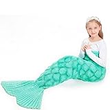 JOLY FANG Meerjungfrau Decke für Kinder, Handgemacht Gestrickt Meerjungfrau Flosse Schlafsack Mädchen für Weihnachts Geburtstagsgeschenk, All-Saison-Schlafdecke (Grün)