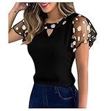 Tops Damen Casual Tüll Mesh Oberteile T-Shirt Transparente Shirt Wickeltops mit Netzstickerei Bluse Tunika Oberteile T-Shirt Tops Lose Spitze Sommerbluse Tuniken Elegant Basic T