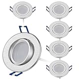 HCFEI 6er Set LED Einbaustrahler flach FLAT DIM 120°, 230V, 3W, Warmweiß 3000K, Einbauloch 68mm, Alu gebürstet, Schwenkbar, Einbautiefe 25